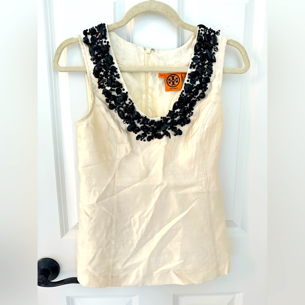Tory Burch Beaded 100% Silk Grania Top in Ivory